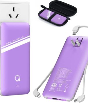 10000mAh Power Bank, Q Slim Portable Charger,4 Output External Battery Pack with Built-in AC Wall Plug Micro USB C Three Cables Compatible with Different Kinds of Mobilephone (Purple)