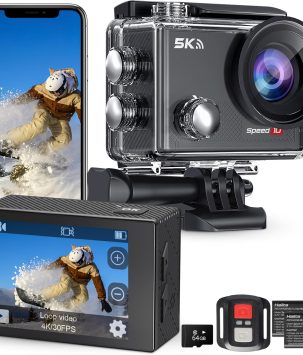 Speed 10 Action Camera 5K 30FPS Waterproof Camera Underwater 131 FT with EIS, Remote Control Sports Camera 5X Zoom with 64GB Card, 2x1350mAh Battery
